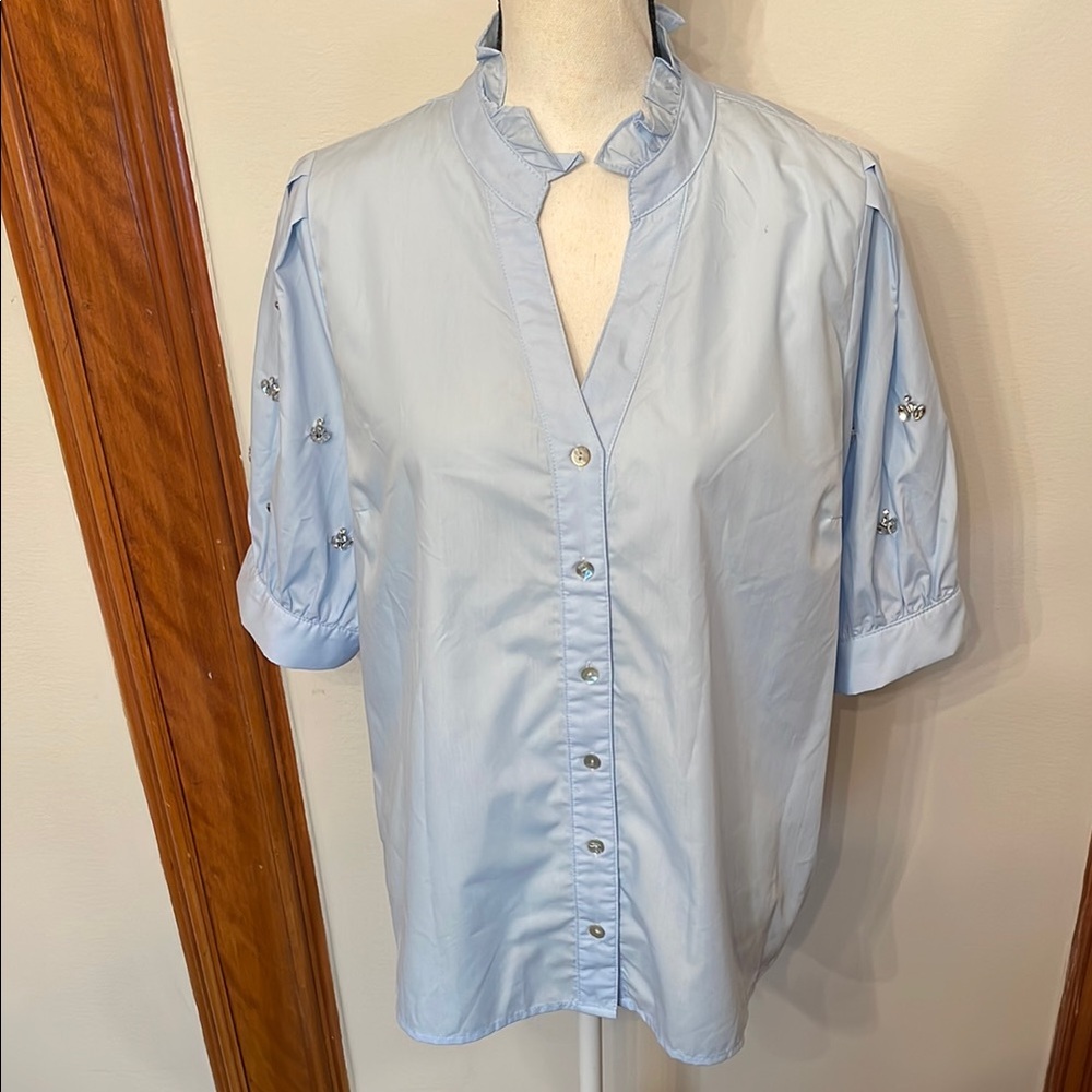 Entro Santa Maria Blue 3/4 Sleeve Button Down Blouse with Mandarin Collar